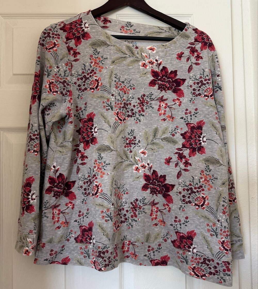Croft & Barrow Extra Soft Autumn Floral French Terry Sweatshirt XXL Gray